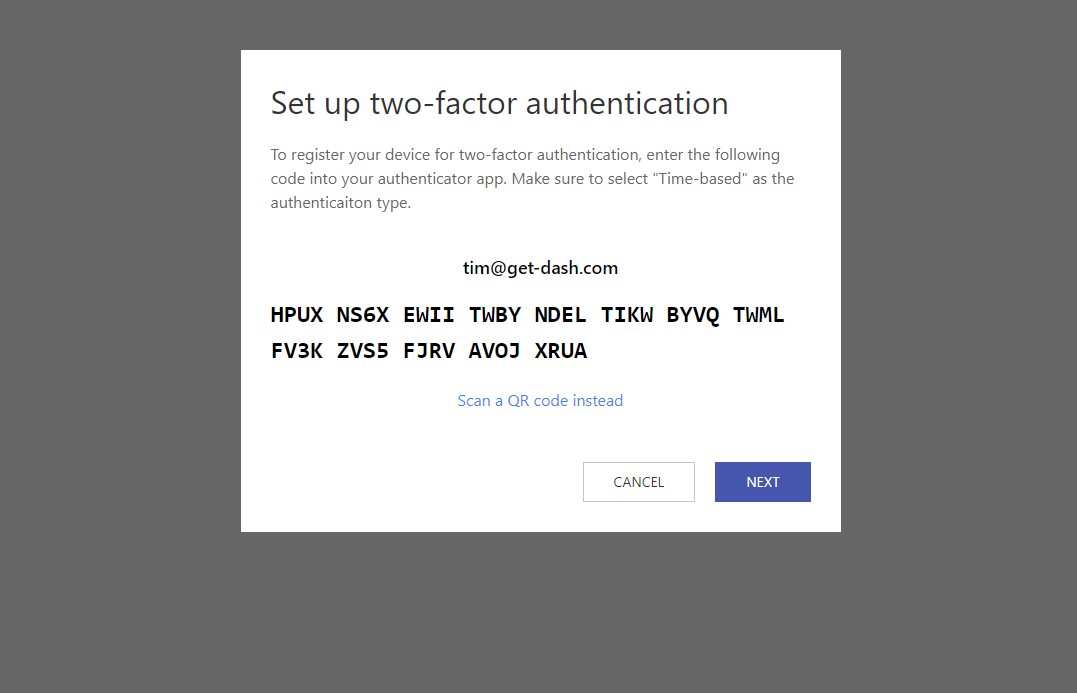 Manually entering authenticator details when setting up Dash Enterprise 2fa