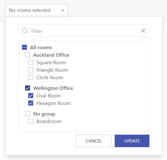 Selecting the rooms to show analytics for in Dash Enterprise