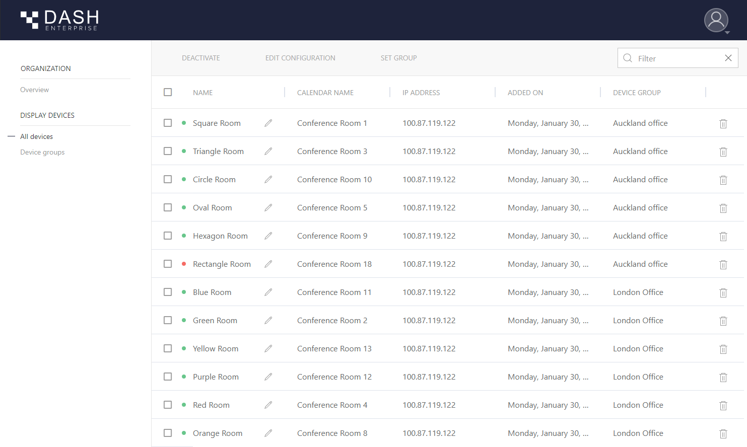 The Dash Enterprise devices overview page