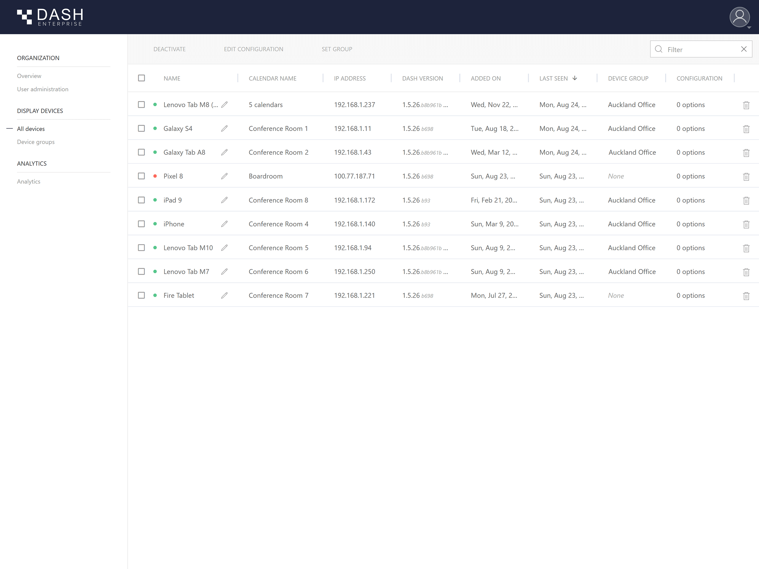 Dash Enterprise device management in the web dashboard