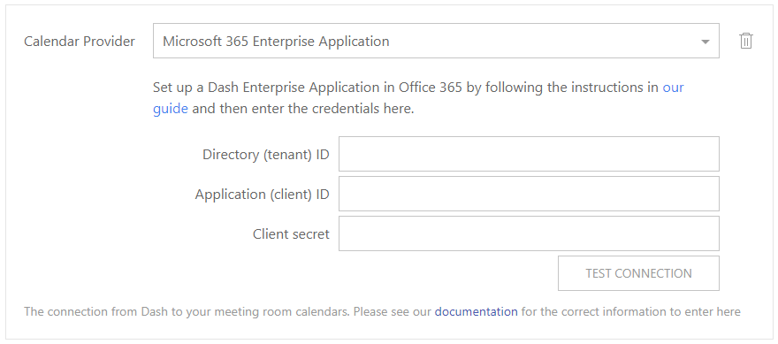 Dash Enterprise calendarProvider, showing a Microsoft Enterprise Application connection