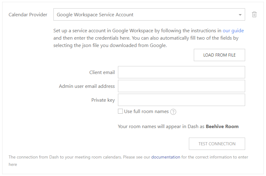 Dash Enterprise calendarProvider, showing a Google Workspace ServiceAccount connection