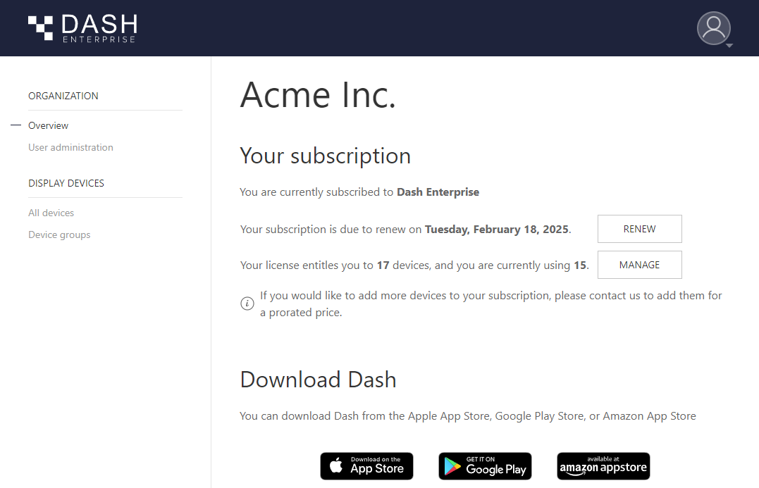 The Dash Enterprise overview page