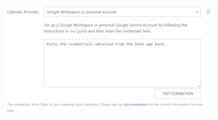 Dash Enterprise calendarProvider, showing a Google Workspace or personal account connection