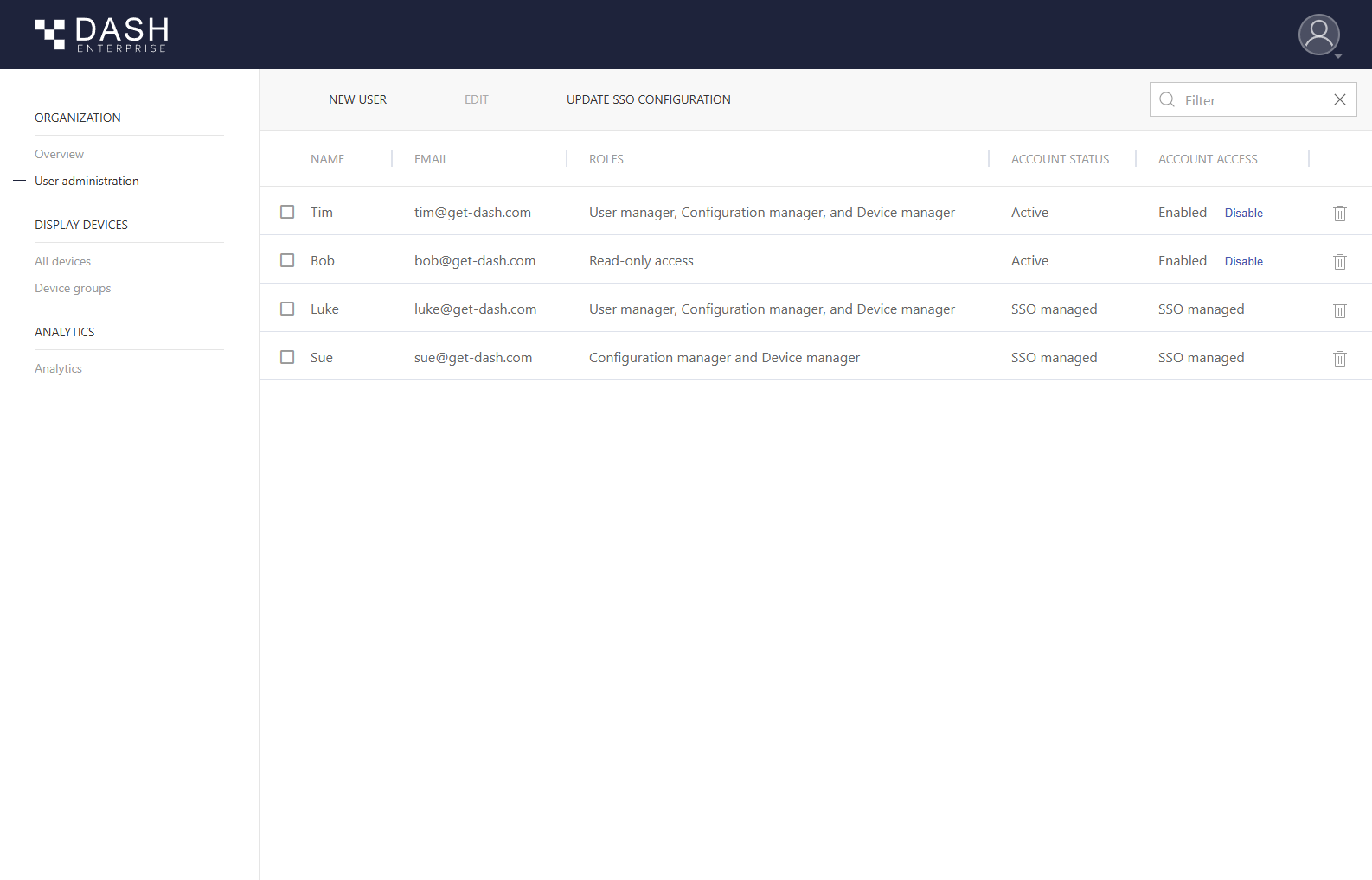 The Dash Enterprise User Management overview page