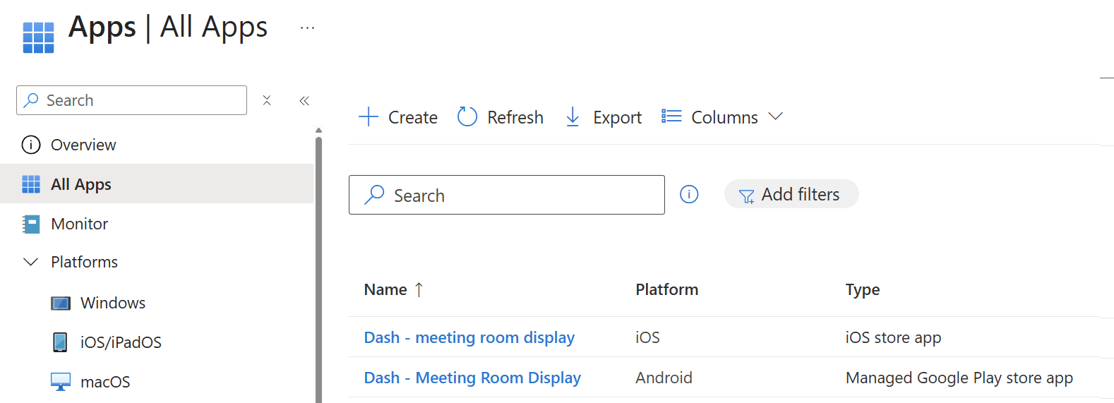 The All Apps screen in inTune, showing the iOS and Android versions of Dash