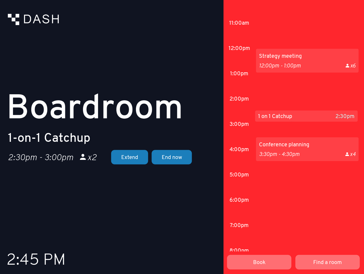 The Dash room display showing the Boardroom in use, with the day's schedule alongside it