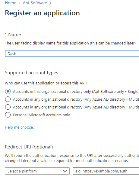 Register a Dash App Registration in the Azure Portal