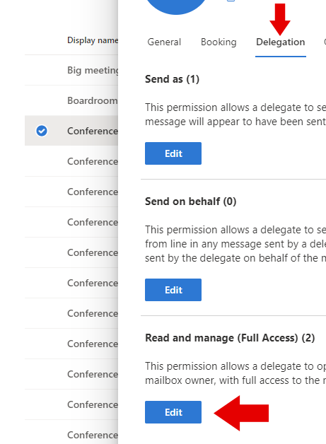 Set your Dash account as a delegate for the meeting room's mailbox, with full access